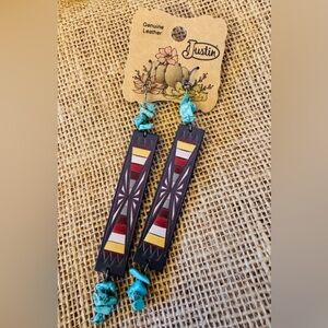 Justin Boots Genuine Leather Aztec Print Earrings with Turquoise Accents